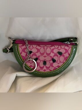 Coach Pink Signature Mini Wristlet with Green Trim